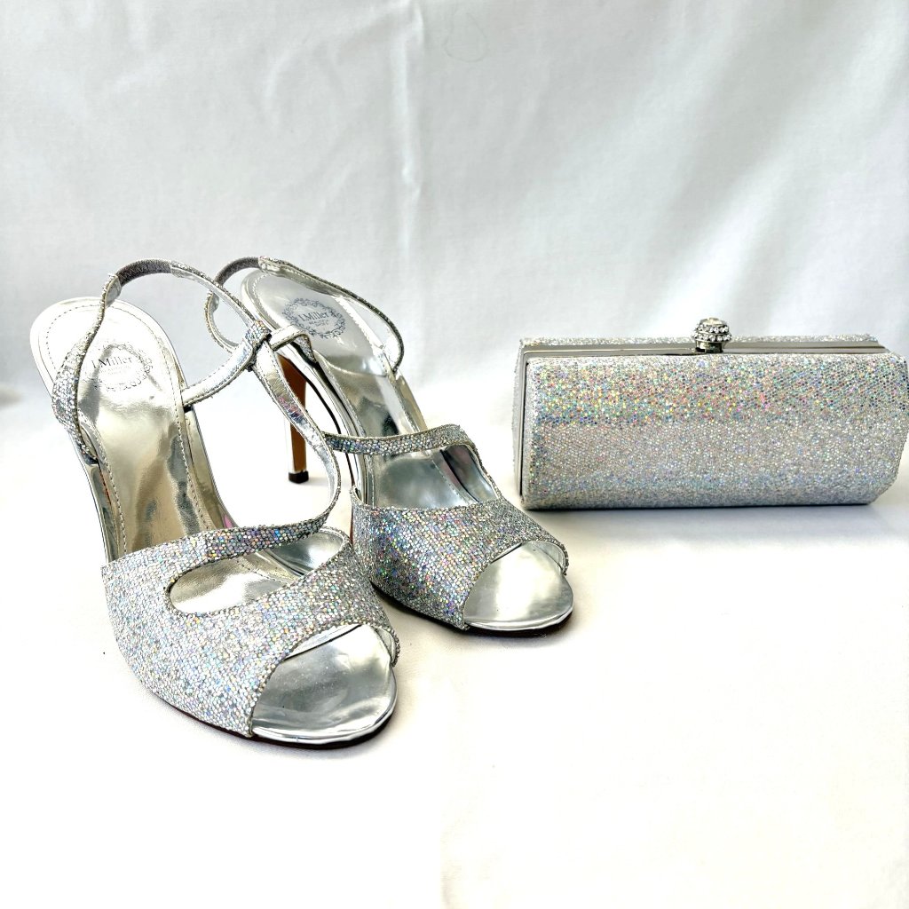 I Miller Silver Glitter Heeled Sandals 7.5 M W/ J Furmani Matching Clutch Purse